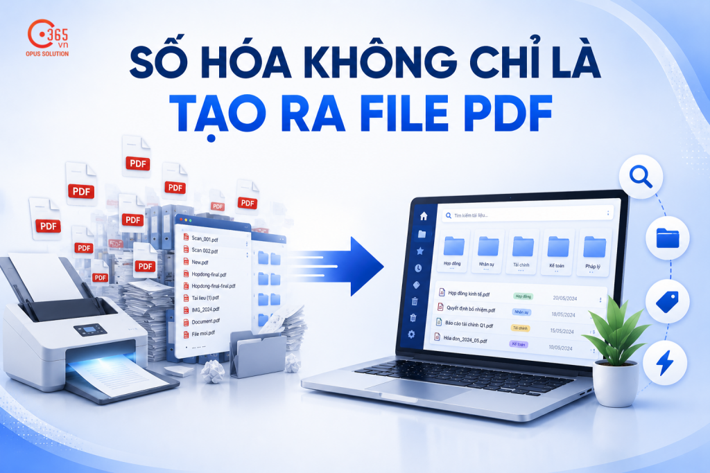 Minh họa quá trình chuyển đổi từ các file PDF rời rạc sang hệ thống quản lý tài liệu số được phân loại và tìm kiếm tập trung.