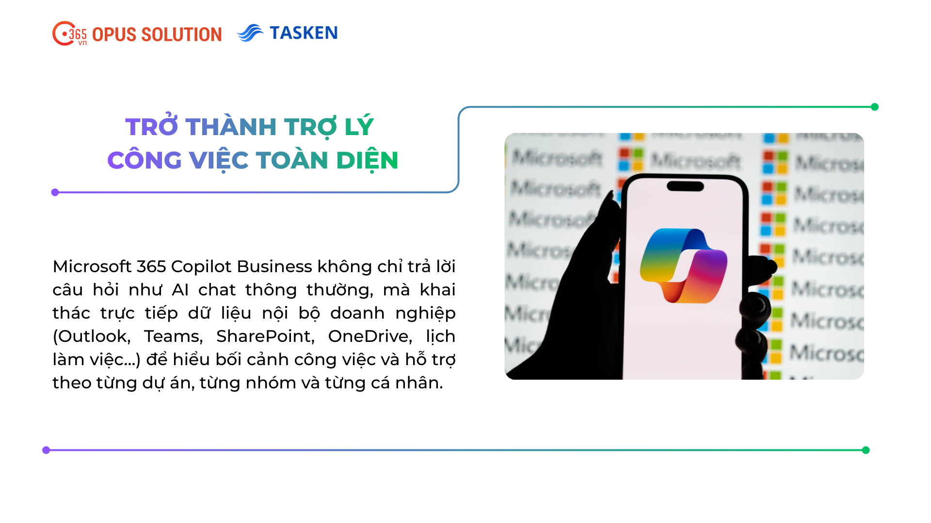 Giao diện Microsoft 365 Copilot Business thấu hiểu bối cảnh dữ liệu từ Outlook, Teams, SharePoint và OneDrive.