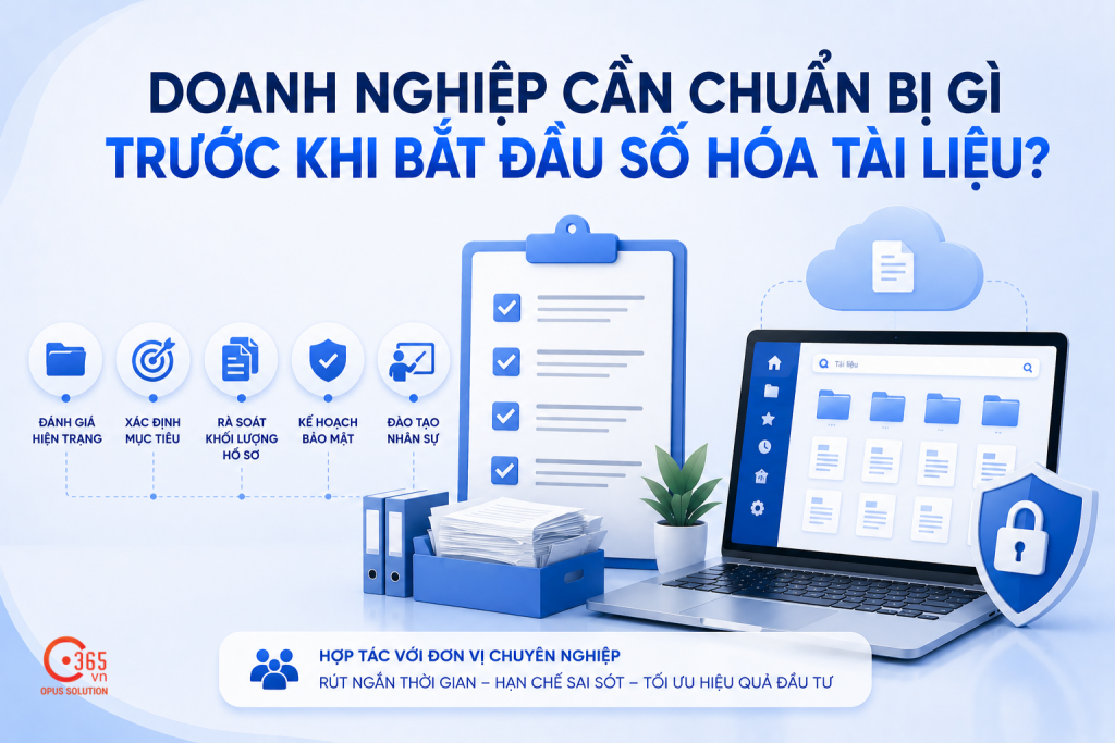 Checklist chuẩn bị số hóa tài liệu gồm đánh giá hiện trạng, xác định mục tiêu, rà soát hồ sơ, bảo mật dữ liệu và đào tạo nhân sự trước khi triển khai.