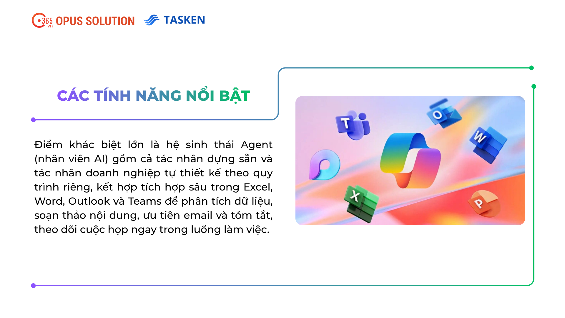 Các tính năng nổi bật của Microsoft 365 Copilot Business gồm tạo Agent tùy chỉnh và tích hợp sâu vào bộ ứng dụng Office.