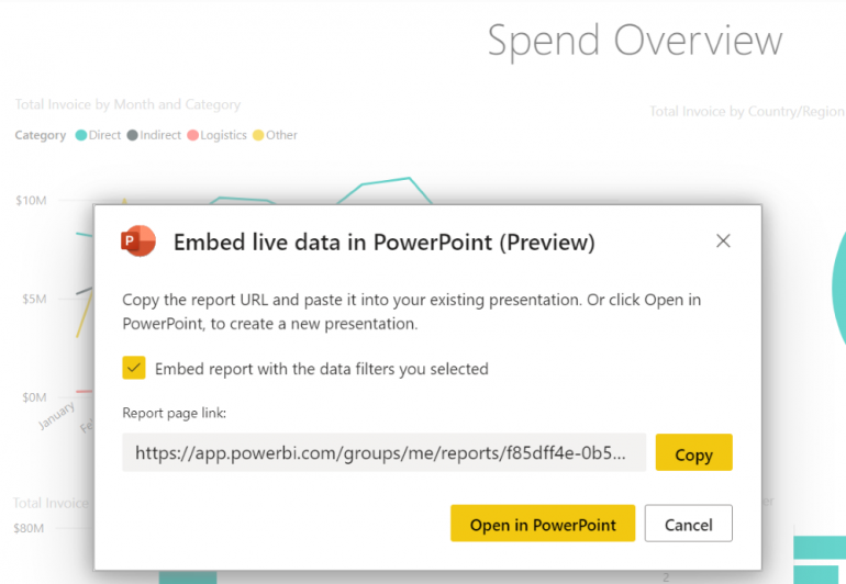 Figure B: Copy the URL from Power BI for the report you want or start a new slide deck with it in.