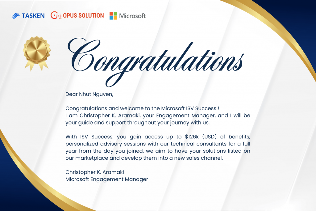 Thư chúc mừng Opus Solution chính thức gia nhập Microsoft ISV Success