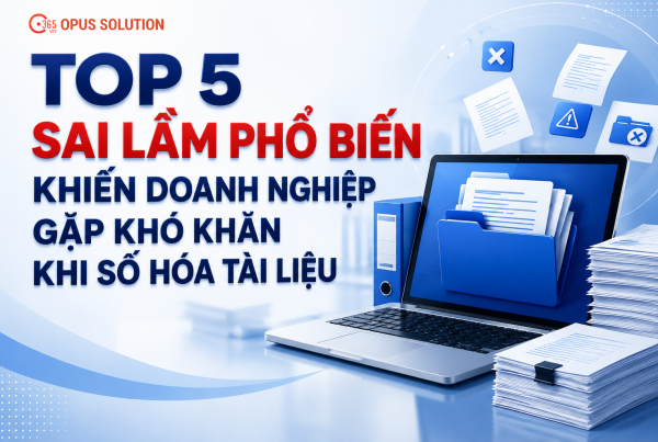 Doanh nghiệp gặp khó khăn khi số hóa tài liệu với hình ảnh laptop, hồ sơ giấy và các biểu tượng cảnh báo thể hiện những sai lầm phổ biến trong quá trình chuyển đổi tài liệu sang dạng số.
